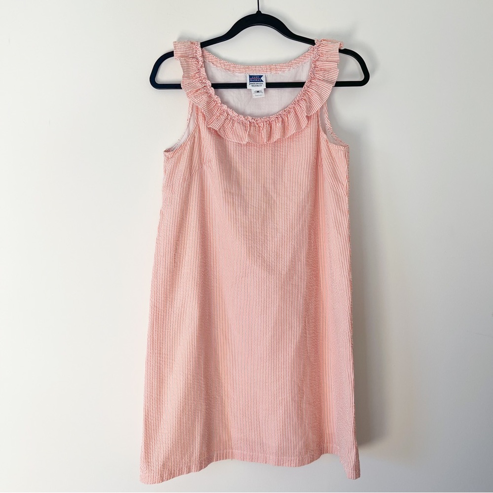 just madras | orange pinstripe dress with ruffle neckline medium